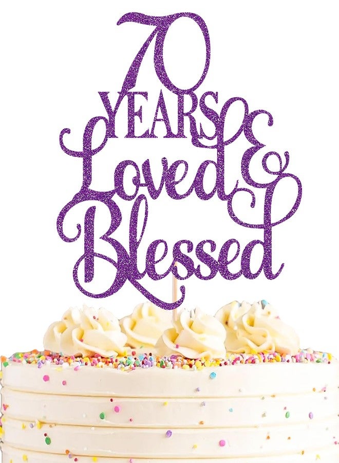 AHAORAY 70 Years Loved Cake Topper - Deep Purple Glitter 70th Birthday Cake Decorating Supplies, Perfect for 70th Anniversary or Birthday Photo Booth Props - Image 1